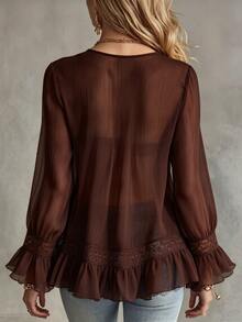 LUMIGAL Women's Spring/Autumn V-Neck Patchwork Lace Ruffle Ruched Pure White Long Sleeve Top, Suitable For Exquisite Elegant, Fashion Casual, Luxury Versatile - Brown - View 2