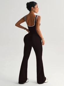 SHEIN Sports 女款瑜伽戶外健身連身褲，寬肩帶緊身顯瘦喇叭褲，對比色條紋設計 - 棕色 - 查看 2