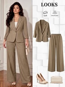 GlowEve CURVE Plus Size Women's Autumn/Winter Fashion Casual Comfortable Daily All-Match Versatile Khaki Suit Set - Khaki - View 3