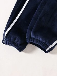 SHEIN Elladie kids 女童海軍藍蝴蝶結運動套裝，立領拉鍊夾克 + 束口運動長褲 2 件套，白色，校園運動，運動風，中大童秋季 - 藏蓝色 - 查看 6