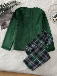 SHEIN 男童時尚休閒極簡舒適日常保暖秋冬加厚保暖內裡深綠色格紋圓領長袖上衣配拼接格紋口袋與長褲睡衣套裝 2件家居服 - 彩色 - 查看 3