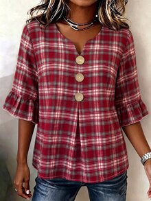 EMERY ROSE Plus Size Women's Brown Plaid Shirt With V-Neck, Button Decor And Mid-Sleeves, Plaid Top, Spring/Autumn - Red - View 3