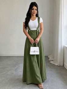 GlowEve Women's Autumn Solid Color Button Design Wide Leg Loose Overalls Jumpsuit - Army Green - View 4