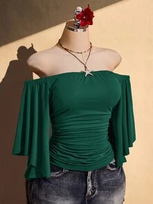 SHEIN ICON 女款大尺碼露肩純色喇叭袖時尚上衣 - 墨綠色 - 查看 9
