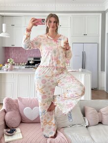 Slumberry CURVE Sweet Ins Colorful Bow & Floral Print Contrast Trim Plus Size Pajama Set - White - View 2