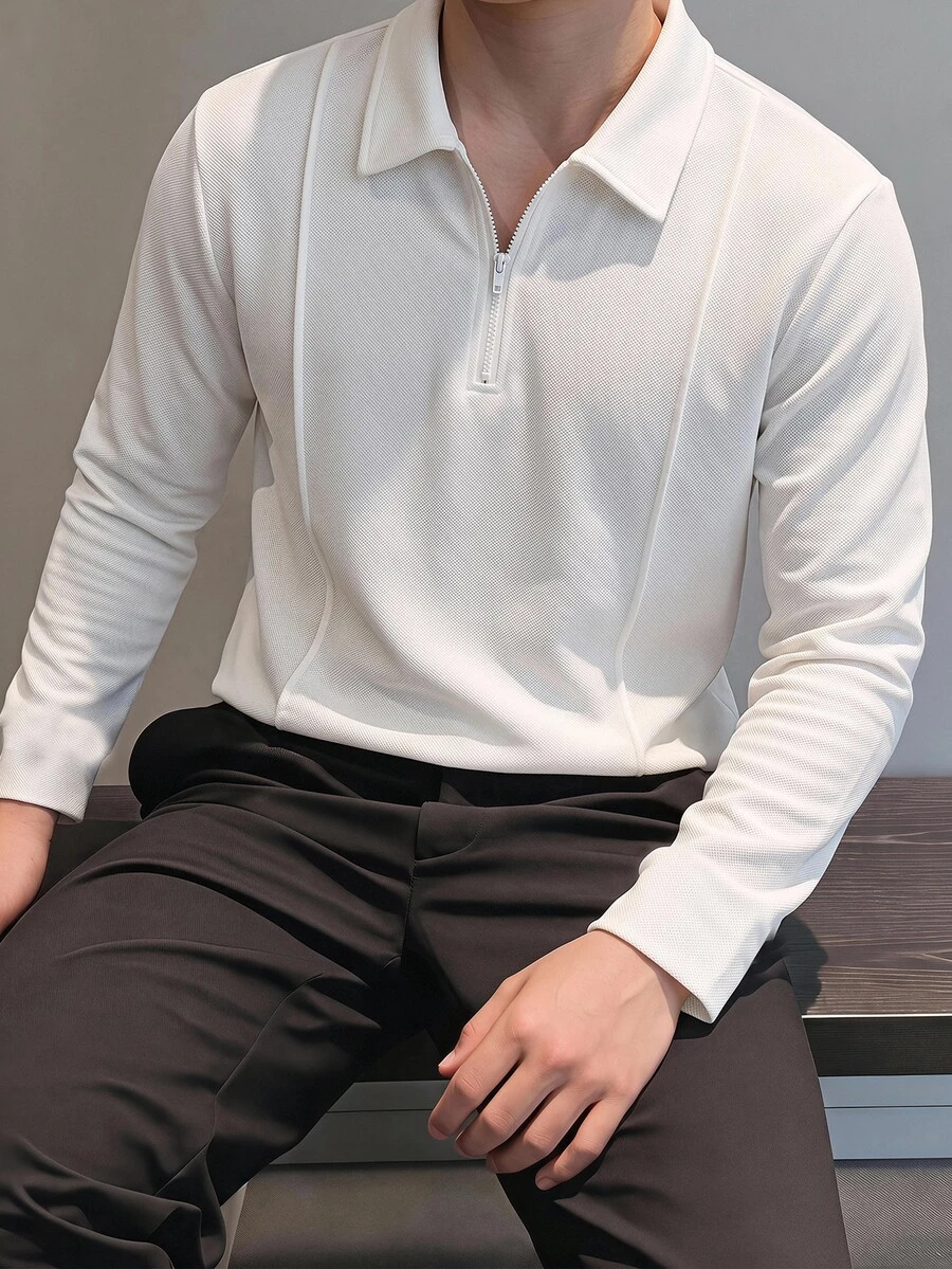 SHEIN 兒童青少年男孩牛仔效果印花長袖 Polo 衫，適合通勤、上學、日常休閒、校園、旅行、運動，秋冬款