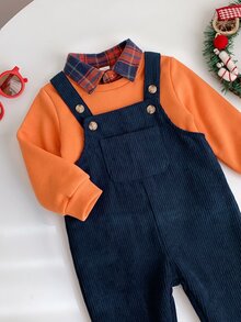 SHEIN 男嬰女嬰幼兒男童秋冬套裝，2件/套 抓絨內裡加厚杏色運動衫針織上衣搭配綠色燈芯絨格紋吊帶褲連身褲套裝，舒適百搭時尚日常可愛休閒簡約百搭風，適合室內、戶外滑雪、日常、運動、玩耍、派對、拍照、節日、萬聖節、聖誕節、聖誕禮物、新年、聖誕毛衣、聖誕派對、冬季衣物、長袖上衣 - 彩色 - 查看 6
