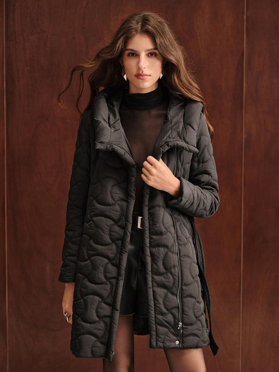 Anewsta Jaket Musim Dingin Wanita Lengan Panjang dengan Resleting Depan dan Tudung, serta Jahitan Quilted. - Hitam - View 1