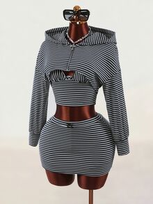 Mistrie Women's Striped Zipper Front Cropped Hoodie, Cropped Halter Top And Skirt Set - Multicolor - View 4