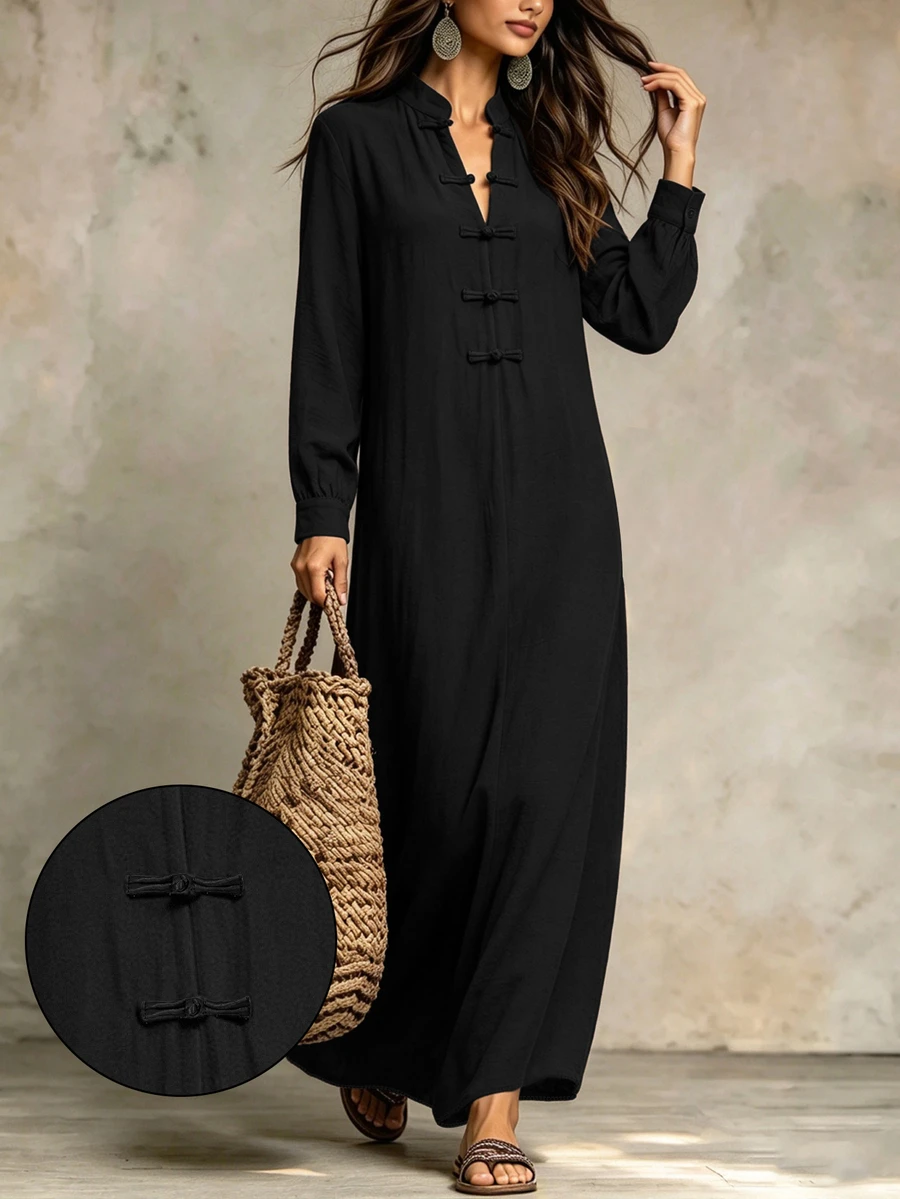Linhara CURVE Plus Size Women's Solid Color Stand Collar New Chinese Style Draped Wide Hem Frog Sleeve Long Dress With Button Design, Suitable For Daily Casual Indoor And Outdoor Wear - Multicolor - View 1