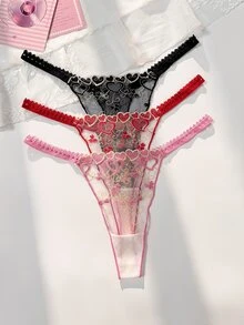 PetitDoll 3pcs/Set Women's Heart Embroidery Thong Panties, Sweet And Cute, Suitable For Various Outfit Scenarios, Soft And Comfortable, Suitable For Daily And All-Season Wear - Multicolor - View 1