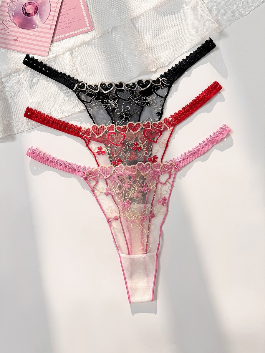 PetitDoll 3pcs/Set Women's Heart Embroidery Thong Panties, Sweet And Cute, Suitable For Various Outfit Scenarios, Soft And Comfortable, Suitable For Daily And All-Season Wear - Multicolor - View 1