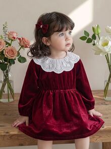Baby Girl Velvet Thick Long Sleeve Ruched Waist Lace Embroidered Peter Pan Collar Loose Long Dress Suitable For Winter Christmas - Burgundy - View 6