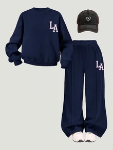 SHEIN 女童休閒「LA」字母印花針織素色寬鬆落肩長袖衛衣與百褶寬腿運動褲套裝，秋季兒童女款 - 藍色 - 查看 8