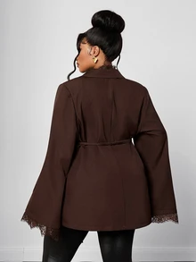 Maweii Plus Size Women's Lace Patchwork Metal Decor Commute Travel Long Sleeve Blazer - Brown - View 6
