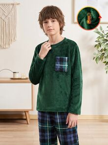 SHEIN 男童時尚休閒極簡舒適日常保暖秋冬加厚保暖內裡深綠色格紋圓領長袖上衣配拼接格紋口袋與長褲睡衣套裝 2件家居服 - 彩色 - 查看 7