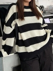 Dazy Plus Korean Style Loose Colorblock Patchwork Autumn/Winter New Casual Pullover Sweater - Black and White - View 6
