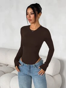 SHEIN PETITE 女款純色修身百搭日常穿著長袖緊身連身衣，黑色，秋季極簡簡約百搭，小碼 - 巧克力棕 - 查看 7