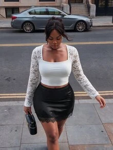 Firerie Plus Size Women Solid Color Contrast Lace Elegant Bodycon Skirt - Black - View 3