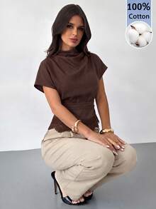 Firerie Women's Brown 100% Cotton Asymmetric Sleeve Ruched Waist Pleated Collar Blouse, All Season - Brown - View 1