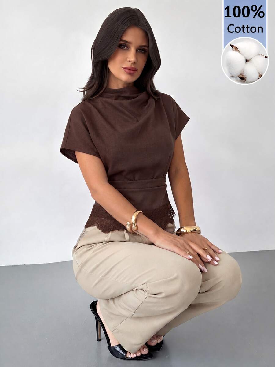 Firerie Women's Brown 100% Cotton Asymmetric Sleeve Ruched Waist Pleated Collar Blouse, All Season - Brown - View 1