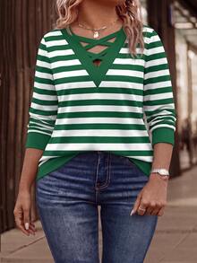 Plus Size Korean Style Striped Colorblock Print Fashion Sweatshirt - Multicolor - View 6