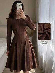Modelyn Women Round Neck Long Sleeve Textured Midi Dress, Pleated Flared A-Line Swing Dress, Autumn Winter Elegant Slim Fit Wedding Guest & Formal Party Dress - Brown - View 1