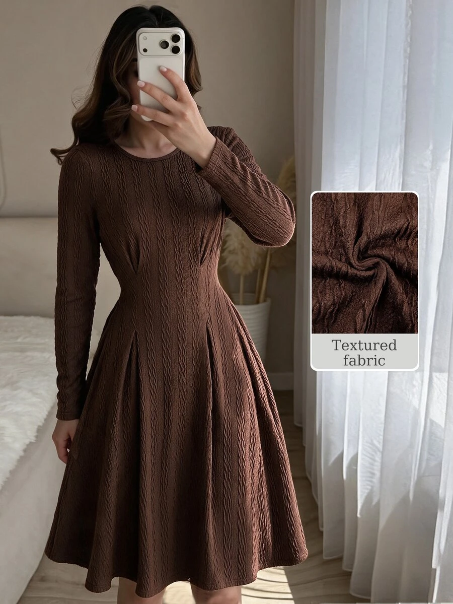 Modelyn Women Round Neck Long Sleeve Textured Midi Dress, Pleated Flared A-Line Swing Dress, Autumn Winter Elegant Slim Fit Wedding Guest & Formal Party Dress - Brown - View 1
