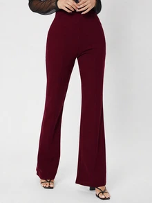 SHEIN Tall 女款純色休閒百搭日常穿著長褲 - 酒紅色 - 查看 3
