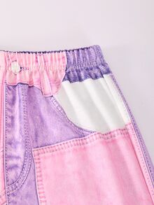 SHEIN 青少年女孩秋季風格可愛2件套套裝，毛邊拼接愛心印花短版連帽衛衣與粉紫色拼接仿丹寧寬腿長褲，T - 白色 - 查看 4