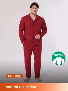 LUVLETTE Plus Size  Soft 100% Pure Cotton Red Basic Long Sleeve Button-Up Top & Pants Pajama Sets For Men Lounge With Pockets Pajamas Christmas & New Years - Red - View 1