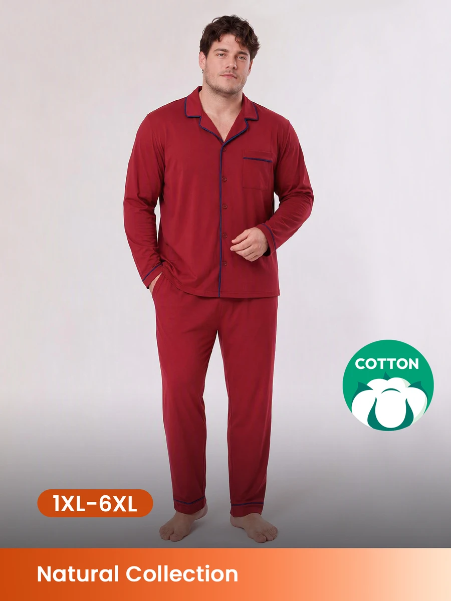 LUVLETTE Plus Size Soft 100% Pure Cotton Red Basic Long Sleeve Button-Up Top & Pants Pajama Sets For Men Lounge With Pockets Pajamas Christmas & New Years - Red - View 1