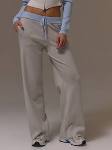 Musera Sport Celana Jogging Longgar Bergaris Kontras Warna dengan Tali Serut di Pinggang, Model Santai, Imut, Feminin, Cocok untuk Musim Gugur, Musim Dingin, Olahraga, Liburan, dan Es. - Grey - View 2