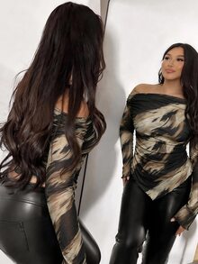 Firerie Plus Size Tie-Dye Asymmetrical Hem Asymmetrical Shoulder T-Shirt, Autumn/Winter - Multicolor - View 6