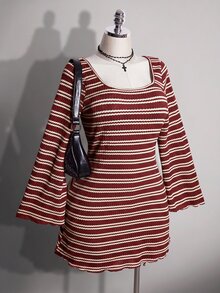 SHEIN ICON 大尺碼黑白露背喇叭袖針織洋裝，秋季 90s 80s 70s 返校季、夜店、早午餐、晚餐派對、度假 Y2K 2000s 秋季款 - 彩色 - 查看 4