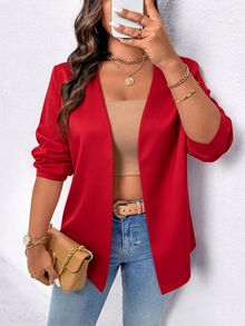 EMERY ROSE Plus Size Solid Long Sleeve Blazer, Fashion For Summer Graduation, Back To School, Teacher For Women Fall For Women Autumn - Red - View 7