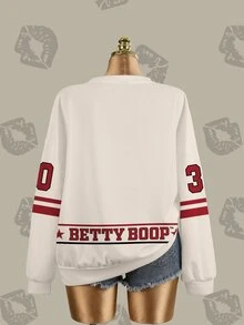 Betty Boop x SHEIN Plus Size Women's Crew Neck Letter & Cartoon Print Long Sleeve Sweatshirt - White - View 7
