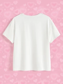 THE POWERPUFF GIRLS X SHEIN Áo thun nữ cổ tròn tay ngắn in chữ hoạt hình phong cách thường ngày - trắng - Xem 4