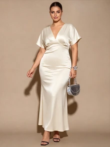 SHEIN BAE CURVE 大尺碼女款純色V領休閒優雅常規派對正式婚禮賓客旅行洋裝 棕色 夏季 - 杏色 - 查看 7