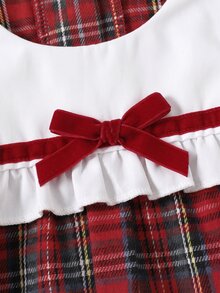 Souflis 1pc Toddler Girls Red Plaid Long Sleeve Doll Dress, Elegant Party Outfit, Holiday Clothing, 6 Months - 3 Years, Autumn Dress - Red and White - View 9