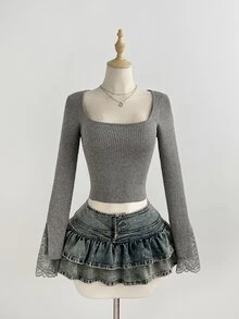 Elamini Women's Grey Casual Versatile Contrast Lace Sweet Daily Commute Autumn/Winter Fitted Pullover Sweater - Grey - View 5