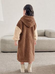 SHEIN 女童雙色口袋落肩泰迪毛絨衛衣洋裝，秋冬款 - 棕色 - 查看 2