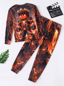 SHEIN 青少年男孩卡通印花長袖上衣與內搭褲居家休閒套裝 - 彩色 - 查看 2