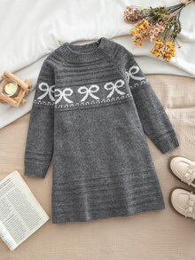 Young Girl Bow Pattern Raglan Long Sleeve Casual Knit Dress - Grey - View 1
