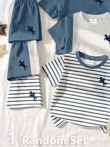 Young Boys 1 Set Random Summer Outfits, Toddler Cute Horse Rider Graphic Striped Short Sleeve T-Shirt And Shorts Matching Clothing Bundle Only 1 Set - Multicolor - View 4