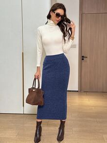 Easowa 秋季女裝 秋冬質感卡其色優雅棕色長裙 針織中長裙 沙烏地國慶日聖誕女裝 - 藏蓝色 - 查看 5