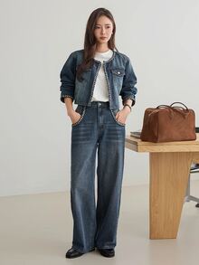 DAZY Women's Open Front Long Sleeve Jacket And Pants Casual Daily Denim Set - Medium Wash - View 7