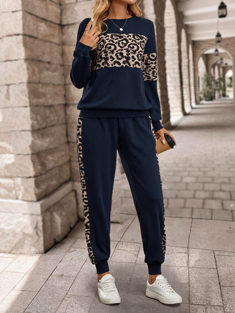 EMERY ROSE Women's Long Sleeve Leopard Print Patchwork Sweatshirt And Long Sweatpants Winter Sets Two Pieces Set Women - Navy Blue - View 6