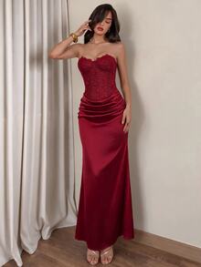 Glamine Women's Lace Patchwork Pleated Elegant Cinched Waist Long Strapless Dress - Burgundy - View 3
