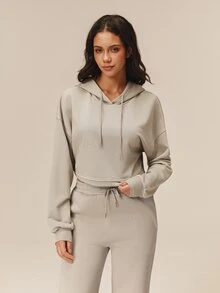 OutZeal Kaos Olahraga Wanita, Hoodie Pendek untuk Gym dan Latihan Musim Gugur - Khaki - View 7